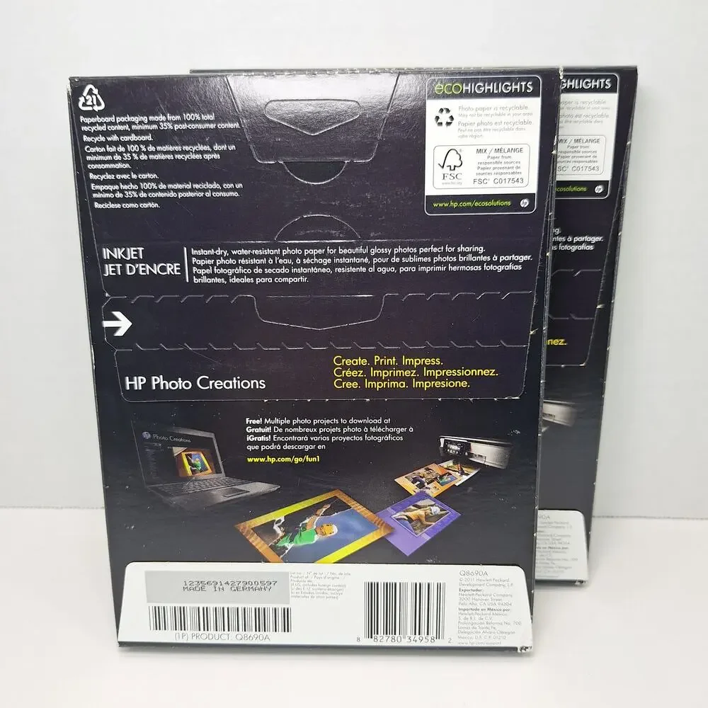 Lot Of 2 HP Advanced Photo Paper 5 x 7 Glossy Q8690A 60 Sheets Each - New In Box